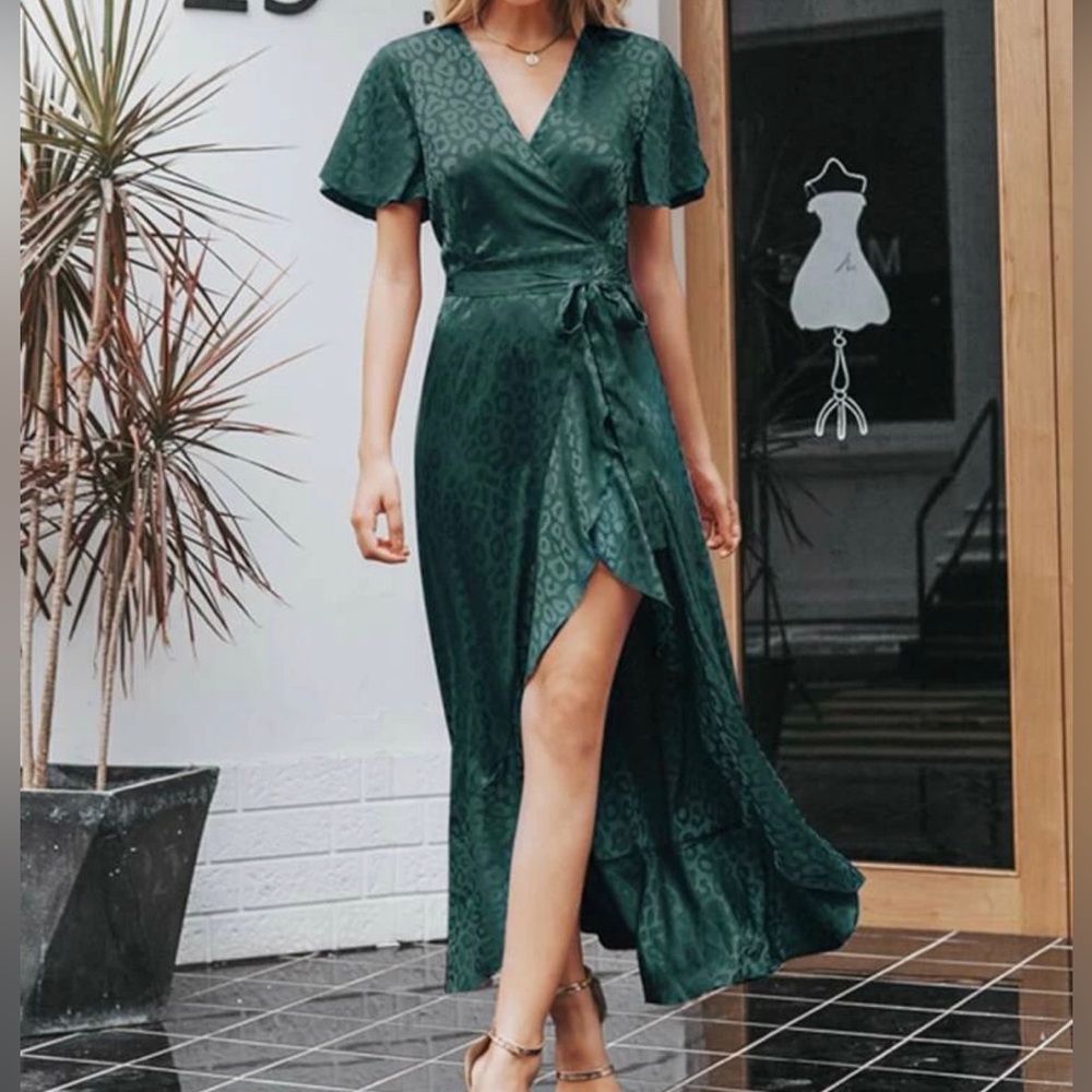 Simple Flutter Sleeve Wrap Belted Jacquard Satin Dress Green
